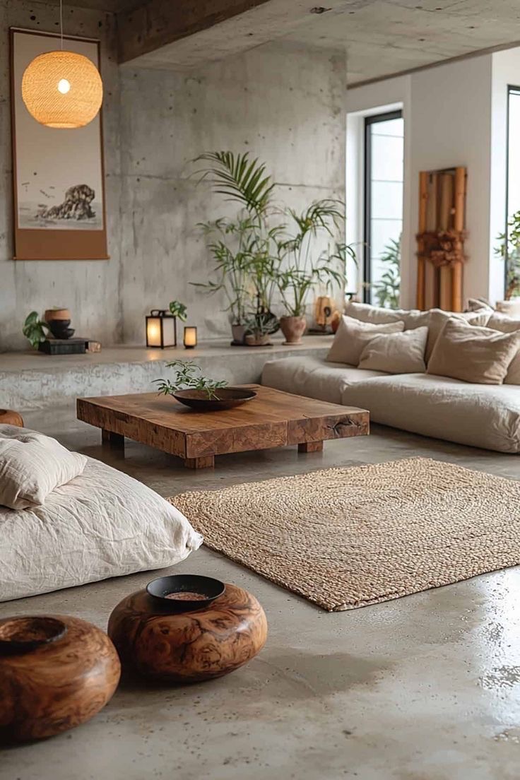 Sala wabi-sabi con concreto y plantas