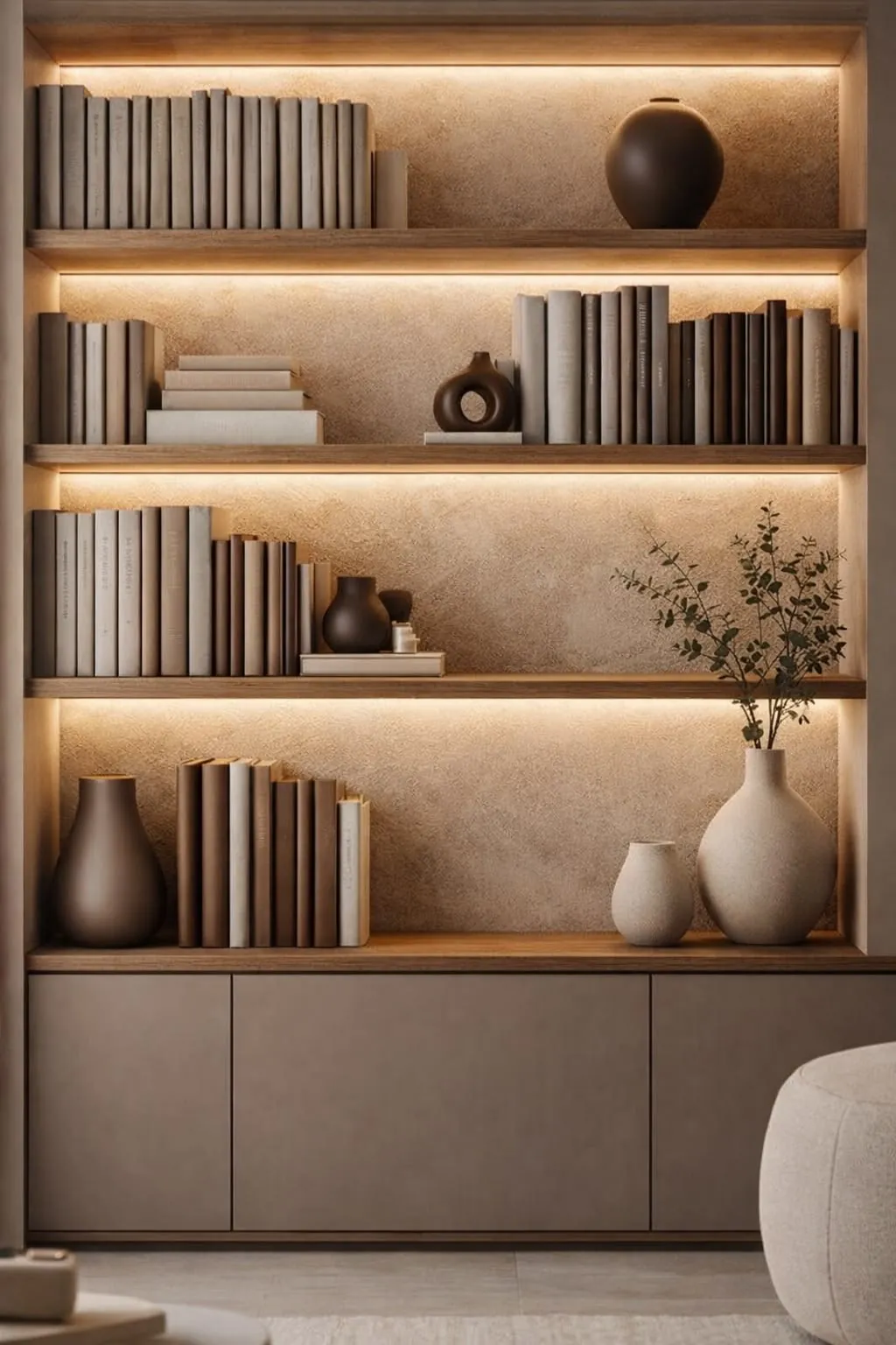 Biblioteca integrada con iluminación cálida